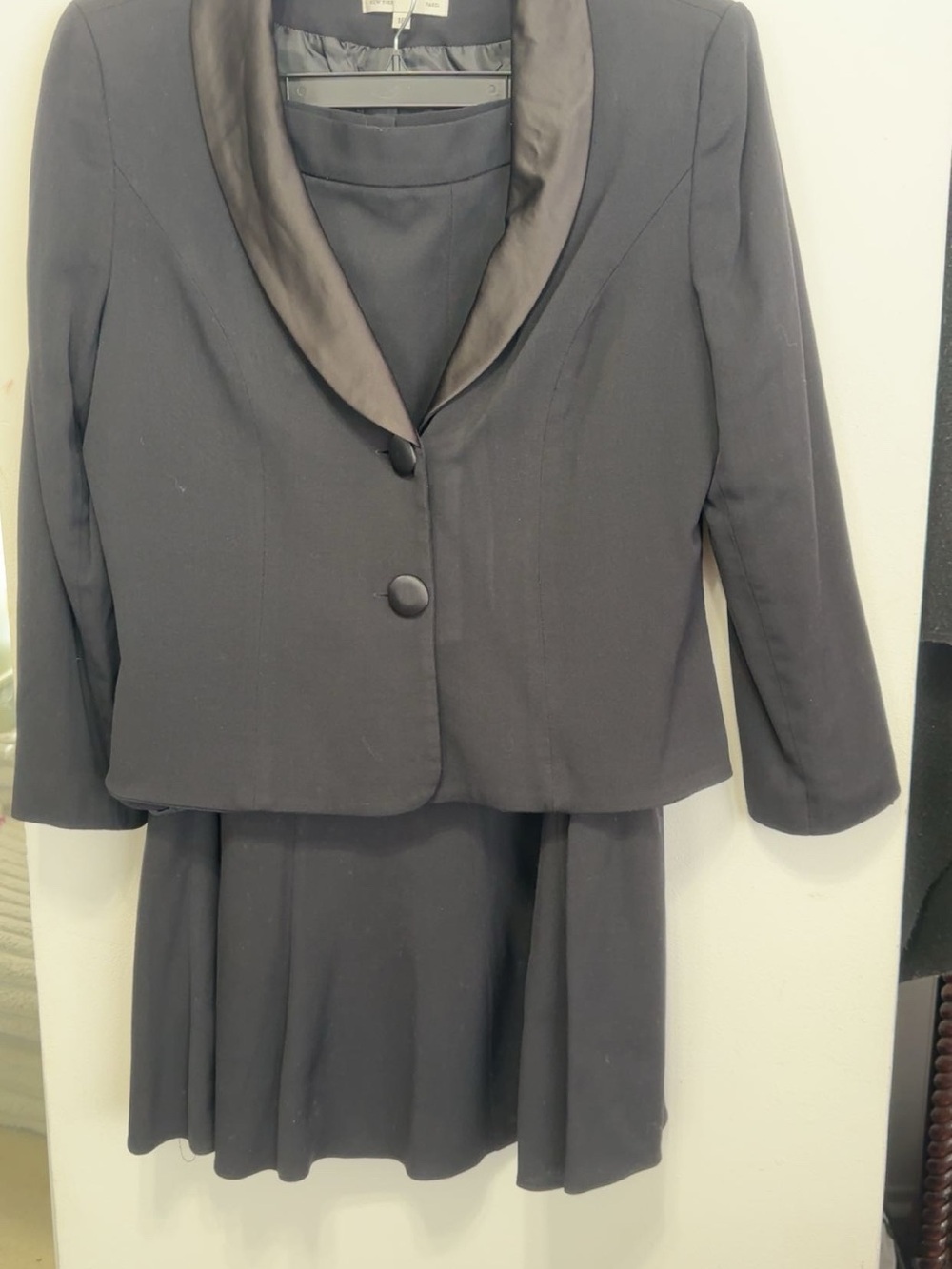 Womens Black Two-Piece Skirt Suit with Satin Trim
